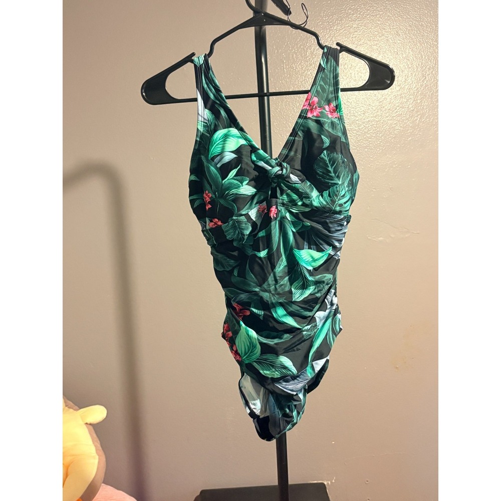 Kona‎ Sol Black Tropical Print One Piece Swimsuit, Adj Straps, Builtin Bra Sz S